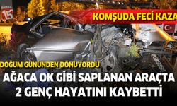Ağaca ok gibi saplanan araçta iki genç can verdi