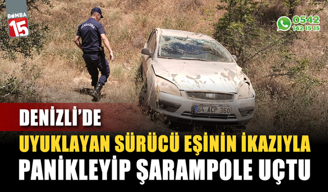 Uyuklayan sürücü eşinin ikazıyla panikleyip şarampole uçtu