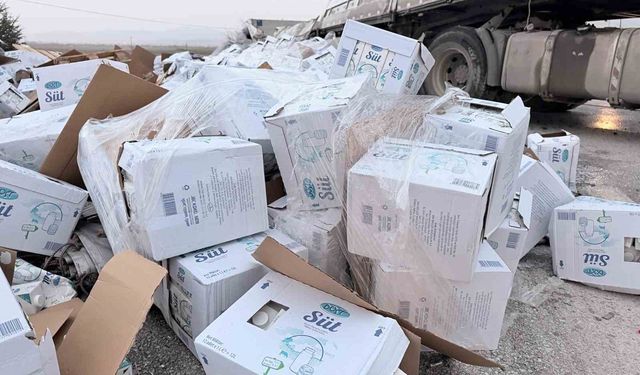 Devrilen tırdaki 25 ton süt çevreye dağıldı